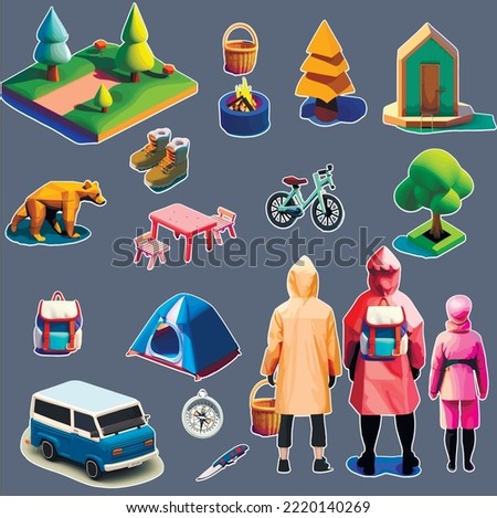 A set of vector illustrations on a picnic theme. Barbecue time. Hiking with a tent, campfire, trip to the forest