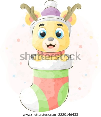 Cute deer in socks with watercolor illustration