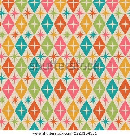  Mid century modern atomic starburst on retro diamond shapes seamless pattern in teal, green, orange, pink and yellow. For home décor, textile and fabric
