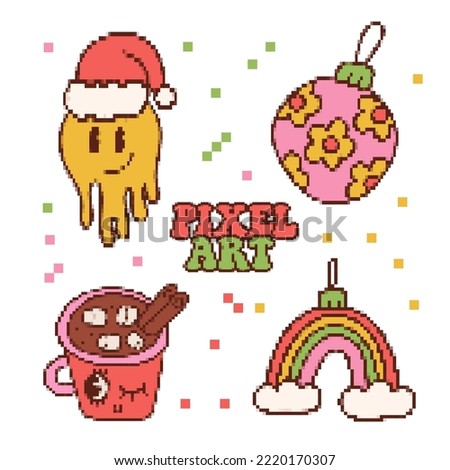 Pixel art Christmas elements clip art set. 8 bit vintage video game style decorations collecton of christmas tree ball and toy, cocoa mug, emoticon in Santa hat. Vector pixel art cute illustration.