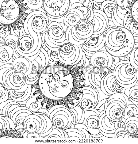 Sun and moon vector seamless pattern with stars. Vintage style. Wallpaper, wrapping paper or fabric design for children. Astronomy, astrology, magic. Coloring book for kids and adults.