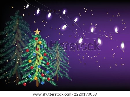 Little light bulbs over pine christmas tree