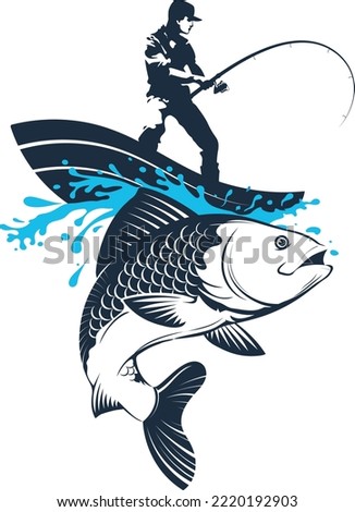 Boat on the waves and a fisherman. The fisherman caught a big fish. Design for fishing