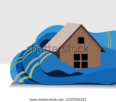 illustration of blue scarf wrapping a miniature house for protection - real estate and family home concept