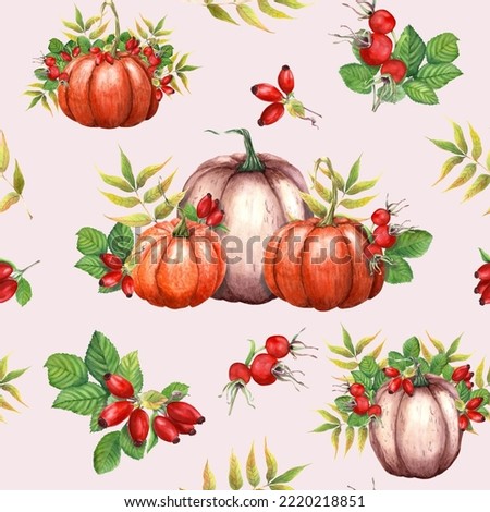 Watercolor seamless pattern with pumpkins, Brier leaves and berries. Autumn illustration isolated on light backround