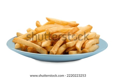 Plate of delicious french fries on white background Royalty-Free Stock Photo #2220223253