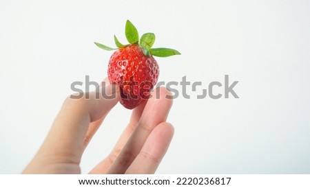 Red fresh strawberry fruit on hand Take a picture with a white backdrop.