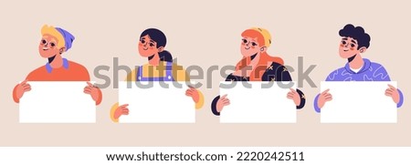 Group of diverse people holding blank empty sign, banner. Business people teamwork smiling, we are hiring. Vector illustration. Activists, protest, advertising, demonstration, revolution concept.