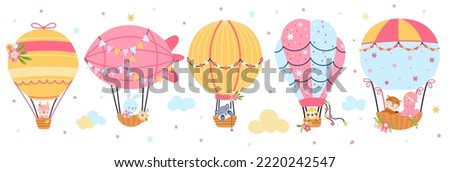 Hot air balloon flight. Cute cartoon animals flying on balloons, retro childish graphic. Festival kids design, funny prints. Travel and adventures, nowaday vector characters