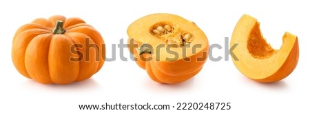 Set of fresh whole, half and sliced pumpkin isolated on white background