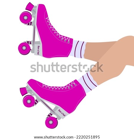 Classic roller skates on a girl's legs, bright pink - isolated on a white background -   Design element.