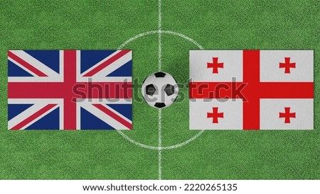Football Match, United Kingdom vs Georgia, Flags of countries with a soccer ball on the football field