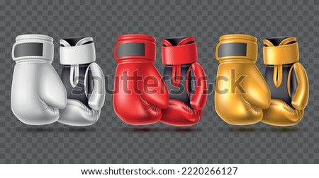 Color boxing gloves. Realistic professional accessories, fighting sport element, different colors gloves, white, red and gold leather, protection equipment 3d isolated objects utter vector set Royalty-Free Stock Photo #2220266127