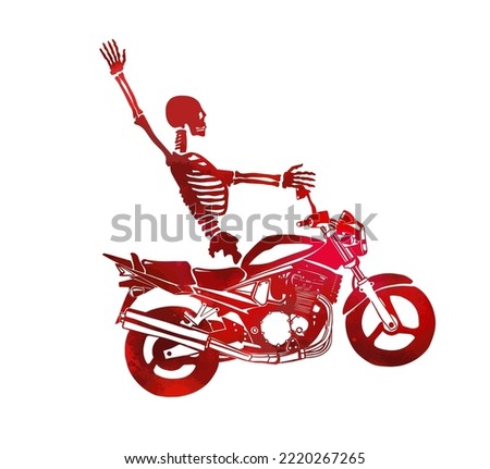 The red skeleton rides a motorcycle. Happy Halloween. Vector illustration