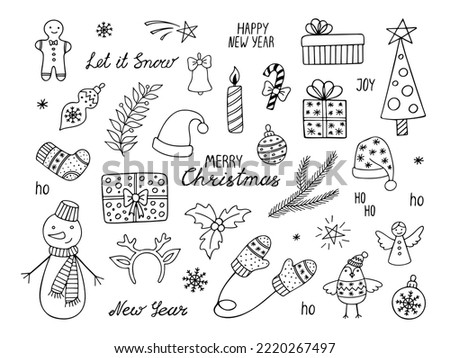 Set of Christmas doodles elements isolated on white background. Hand drawn snowman, gift box, christmas tree, bell, angel and handwritten new year words.