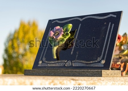 Funeral plaque in the shape of a black book, decorated with a pink flower, blue sky in the background Royalty-Free Stock Photo #2220270667