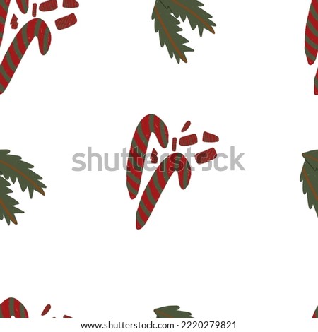 Seamless pattern Christmas candy cane and Christmas tree branches hand drawn style on white background