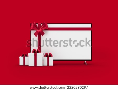 Tv screen gift boxes and red color ribbon on red color background horizontal composition isolated with clipping path 3d render