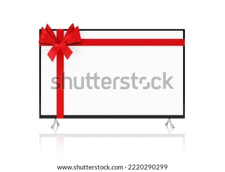 Tv screen with red color ribbon on white color background horizontal composition isolated with clipping path 3d render