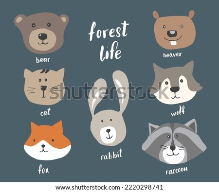 Cute Animal heads. Cartoon forest wildlife animals collection, fox, wolf, bear, beaver, raccoon, rabbit and wild cat. Vector illustration.