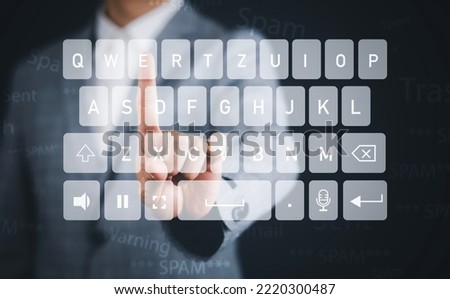 Email concept with laptop spam and virus computer monitor internet security concept, Businessman touch keyboard security icon mail, Spam, junk and e-marketing on screen, Spam Email Pop-up Warning
