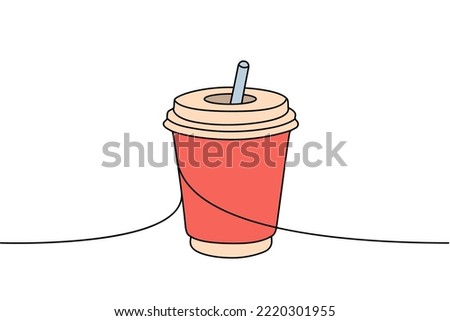 Coffee cardboard cup one line colored continuous drawing. Empty cardboard boxes, bags for takeaway food continuous one line colorful illustration.