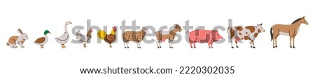 Set of Farm animals. Rabbit, Duck, Goose, Chicken, Rooster, Sheep, Goat, Pig, Cow, Horse silhouettes. Farm animals set Royalty-Free Stock Photo #2220302035