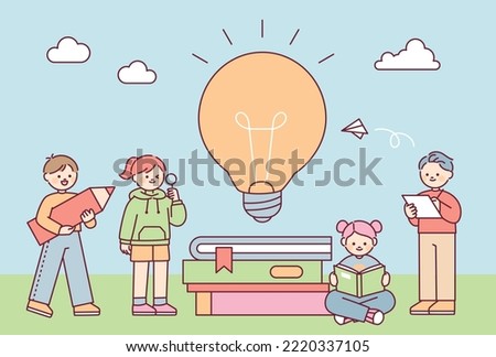Books are stacked and a large light bulb is lit. Children are studying nearby. outline simple vector illustration.