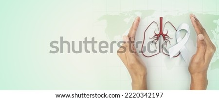 hand cover sign symbol of lung and white ribbon awareness for lung disease protection, World Lung Cancer day, world tuberculosis day or other each about lung health