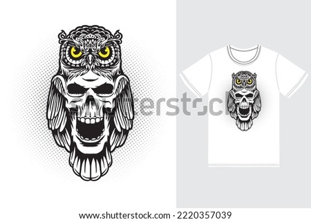 Owl skull illustration with t shirt design premium vector the Concept of Isolated Technology. Flat Cartoon Style Suitable for Landing Web Pages, Banners, Flyers, Stickers, Cards