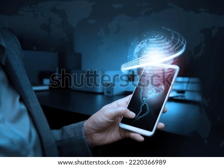 Smart business women hold phone with one hand futuristic connection technology