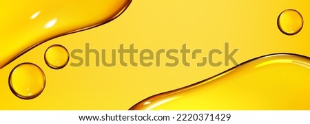 Oil drops texture, omega bubbles, gold liquid skincare, essential droplets. Background with transparent yellow dribs of different shapes. Realistic 3d vector honey, syrup or juice blobs close up view Royalty-Free Stock Photo #2220371429