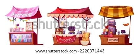 Set of street food market stalls isolated on white background. Cartoon vector illustration of shops selling ice cream, cooking noodles and hot dogs outdoors. Colorful festival stands. Small business Royalty-Free Stock Photo #2220371443