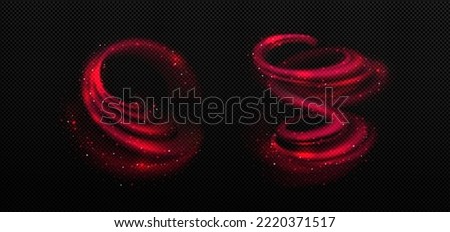 Red glow tornado, magic spiral, spinning circles motion effect, thunder energy waves, swirls with glitter, shimmer and sparks, isolated shiny round vortex traces, Realistic 3d vector illustration