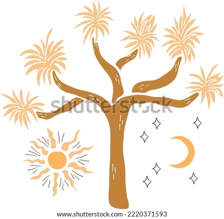 Desert vibes hand drawn T-shirt print. Silhouette brown cartoon art of Joshua tree, sun and moon with stars. Vector isolated clip art of desert day and night on white background.