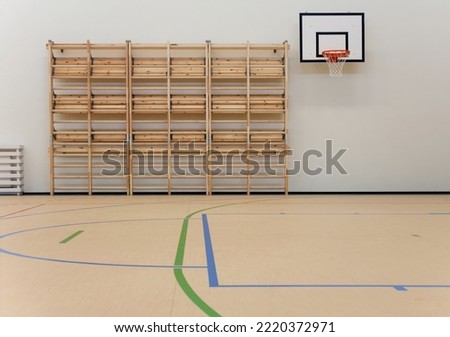 A beautiful indoor court with a hoop