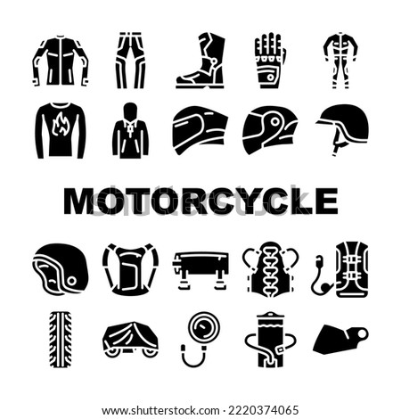 motorcycle accessories biker icons set vector. equipment helmet, motorbike sport, rider motor, jacket leather, travel, road motorcycle accessories biker glyph pictogram Illustrations