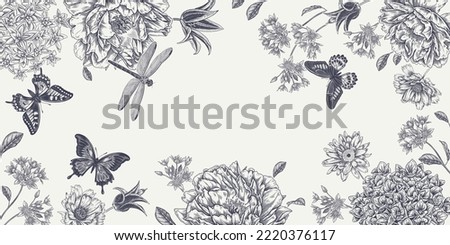 Blooming Peonies, Hydrangea, Tulips and Daisies Frame. Flowers, Butterflies and Dragonfly. White background and black graphic. Vintage botanical illustration. Wedding floral decoration. Royalty-Free Stock Photo #2220376117