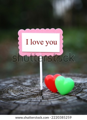 Note with handwritten text I Love You among wood against blurred background