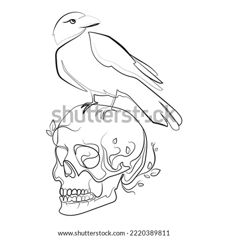Human skull with crow Line art drawing,sketch style vector Art. Raven on skull black and white gothic illustration Minimal art liner design for different uses