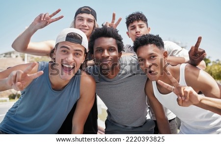 Sports, peace and friends smile for selfie after exercise, training or cardio in park together, happy and relax. Portrait, hands and face of men pose for picture with peaceful sign, diversity and joy