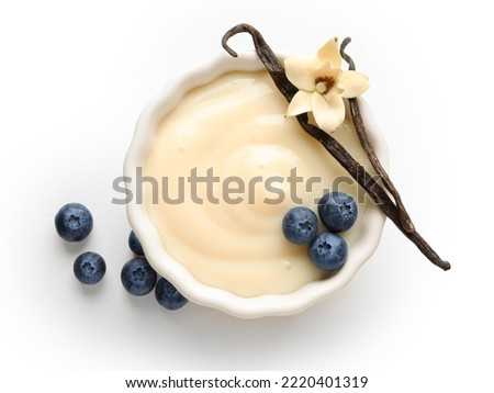 Ramekin of delicious vanilla pudding with blueberry on white background Royalty-Free Stock Photo #2220401319