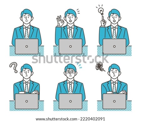 Male businessperson sitting in front of a laptop computer, negative and positive facial expression [Vector illustration set]. Royalty-Free Stock Photo #2220402091