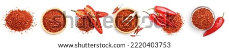 Collage of red chili flakes on white background, top view Royalty-Free Stock Photo #2220403753
