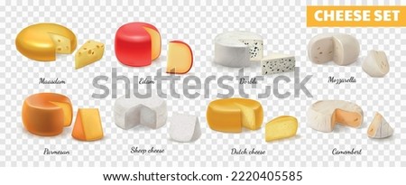 Realistic cheese transparent icon set with maasdam edam dorblu mozzarella parmesan camembert dutch and sheep cheeses vector illustration Royalty-Free Stock Photo #2220405585