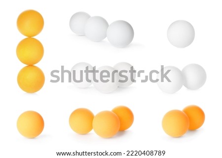 Set with ping pong balls on white background Royalty-Free Stock Photo #2220408789