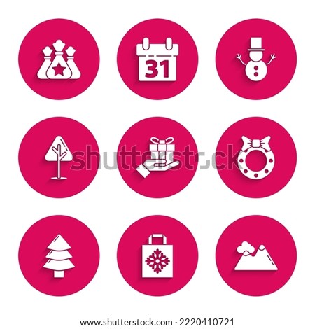 Set Gift box in hand, Christmas paper shopping bag, Mountains, wreath, tree, snowman and Santa Claus gift icon. Vector