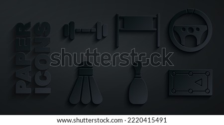 Set Bowling pin, Steering wheel, Badminton shuttlecock, Billiard table, Volleyball net and Dumbbell icon. Vector
