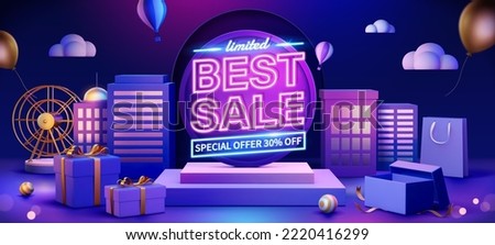 Online shopping concept in 3D illustration. Square podiums in cityscape scene with shopping objects on dark purple background Royalty-Free Stock Photo #2220416299