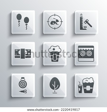 Set Tree, Popcorn in box and glass, Shooting gallery, Classic dart board arrow, Stacks paper money cash, Balloons and Striker attraction with hammer icon. Vector Royalty-Free Stock Photo #2220419817